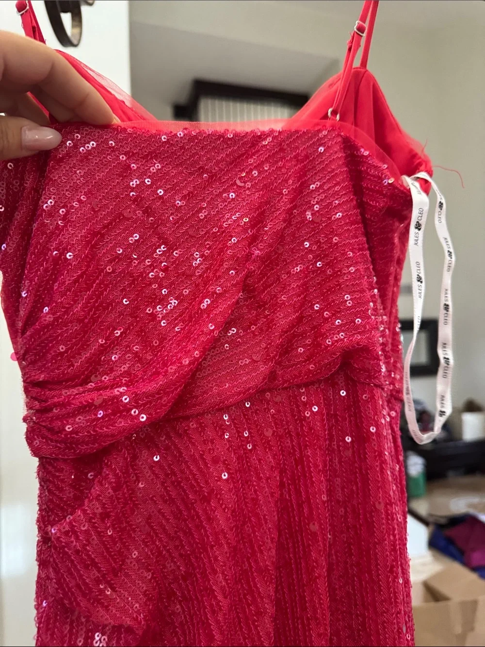 Red Sequin Draped Evening Dress - Size 2